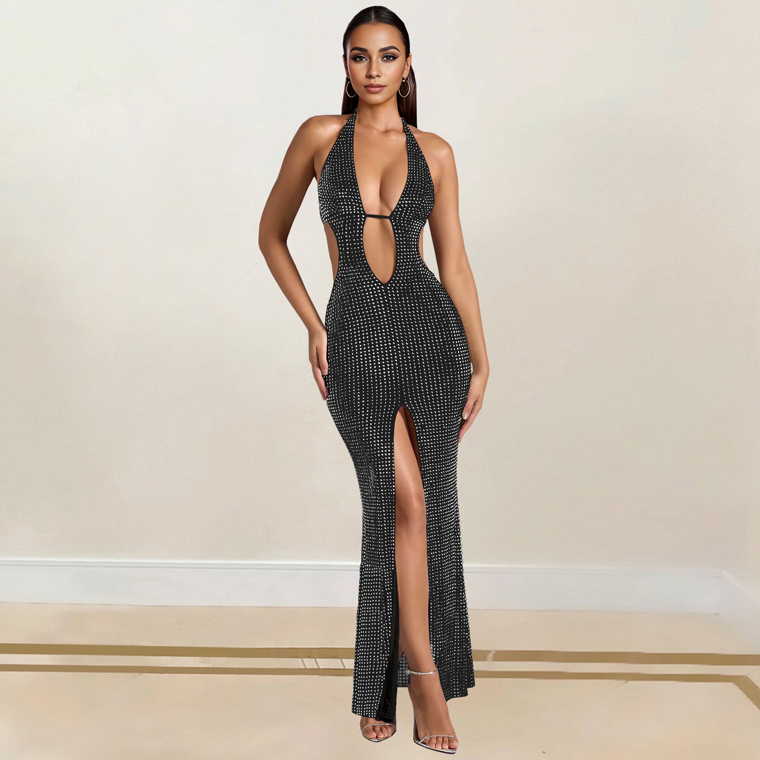 Women Wear Sleeveless Halter off the Shoulder Rhinestone Split Dress