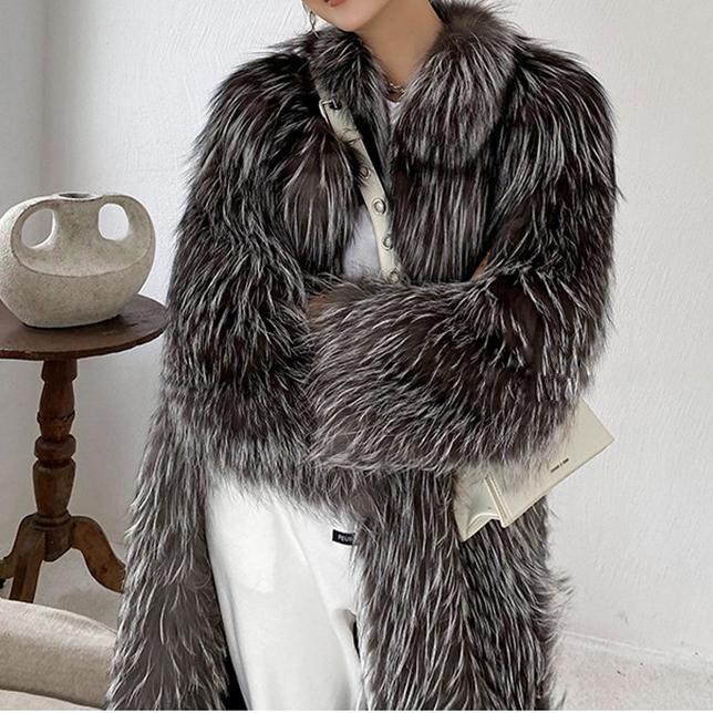 Women Autumn Winter Silver Fox Fur Clothing Coat Faux Fur Long Cut Coat Trending Fur Short Coat Casual Trench Coat