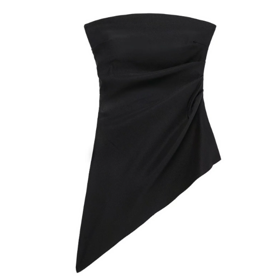 Spring Pleated Decoration Asymmetric Festival Tube Top Black Short120G