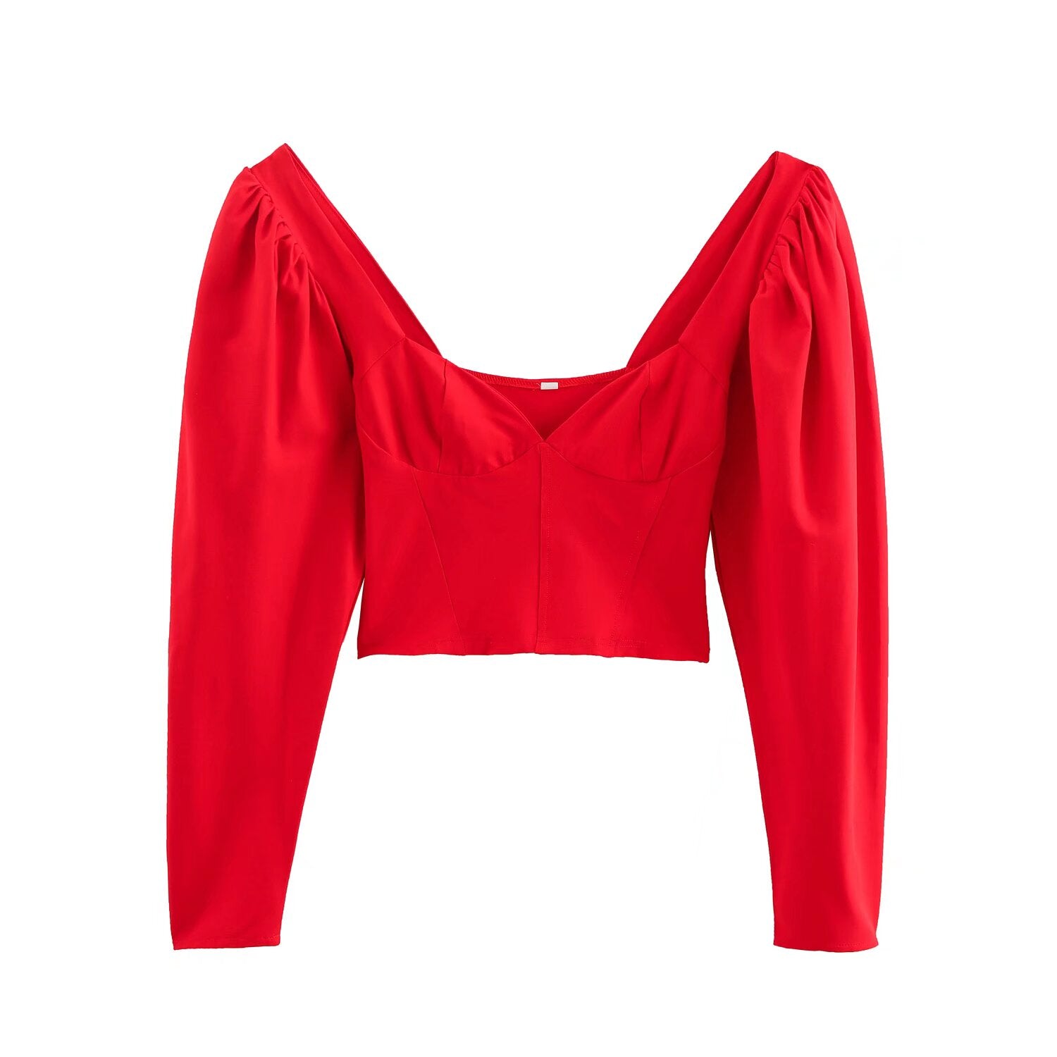 Women Clothing Spring Street Heart-Shaped Collar Puff Sleeves Top