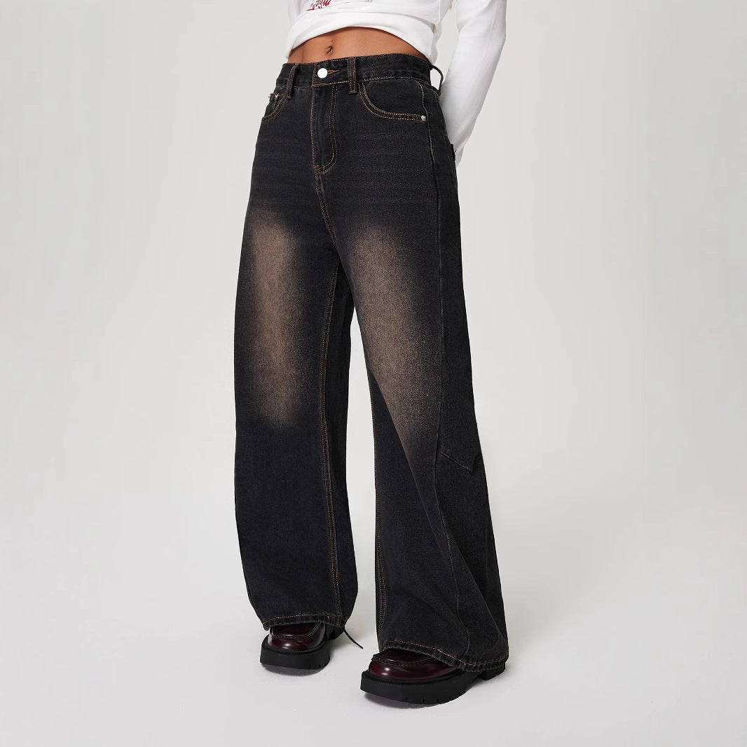 Women Embroidered Black Gray Jeans Autumn Winter Washed Distressed Lazy Loose Slimming High Waist Wide Leg Pants