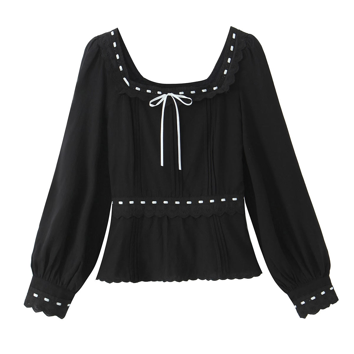 Women Clothing French Lace Hem Embroidery Tie Neck Bubble Long Sleeve Top Black