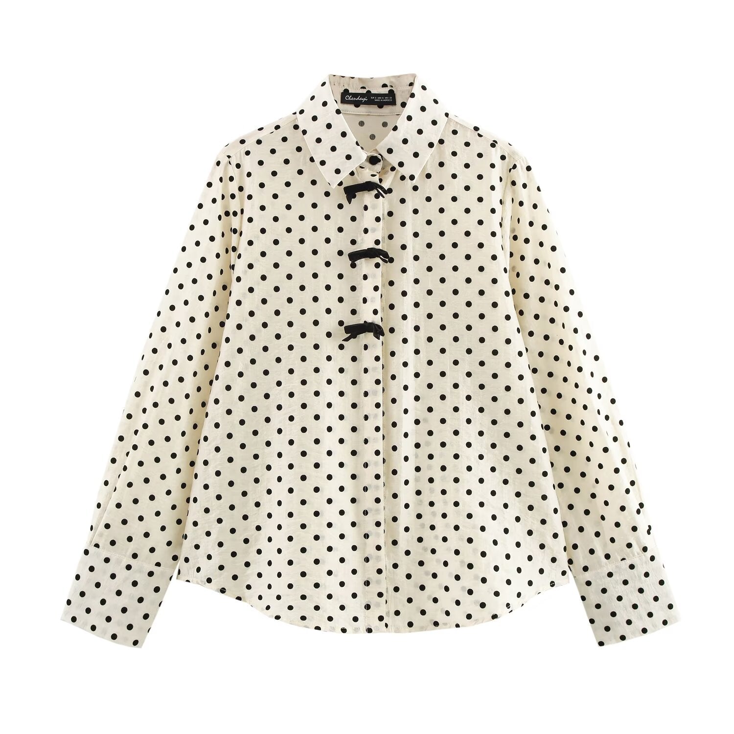 Women Clothing Spring Long Sleeve Collared Single Breasted Bowknot Decoration Polka Dot Shirt