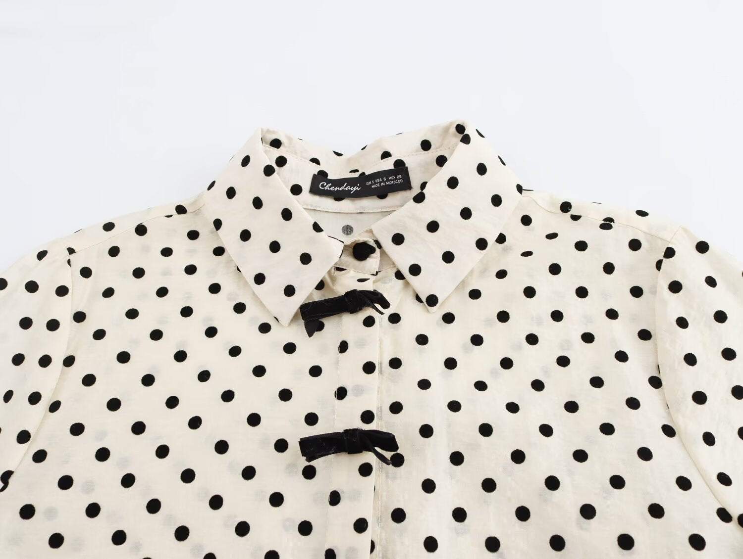 Women Clothing Spring Long Sleeve Collared Single Breasted Bowknot Decoration Polka Dot Shirt