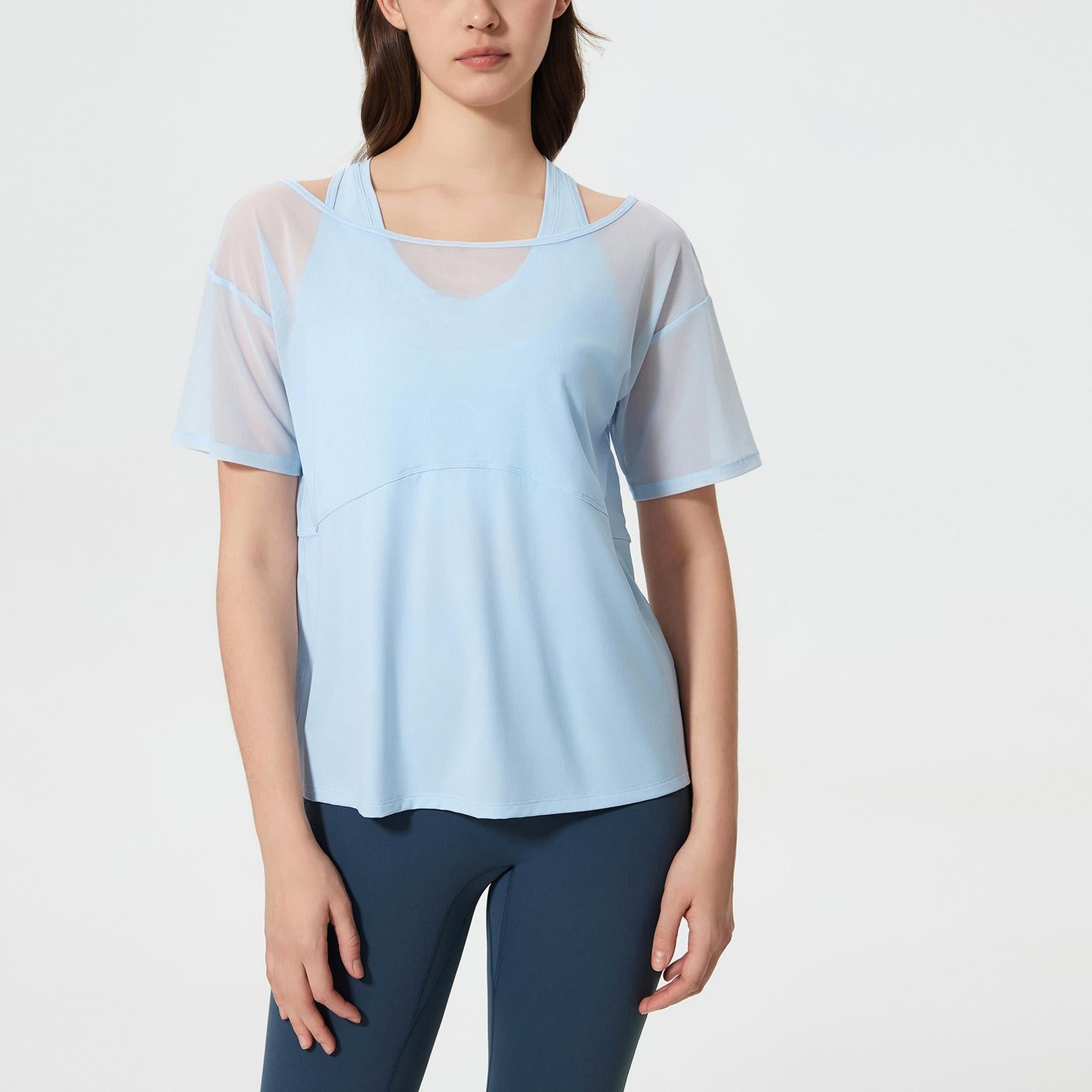 Yoga Clothes Women Loose Sports Short Sleeved T shirt Running Smock Faux Two Piece Quick Drying Breathable Workout Top Light Blue