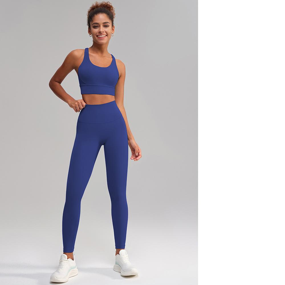 Yoga Clothes Pants No Embarrassment Line Sports Workout Clothes Skinny Peach Hip Raise High Waist Nude Feel Yoga Set Women Blue1