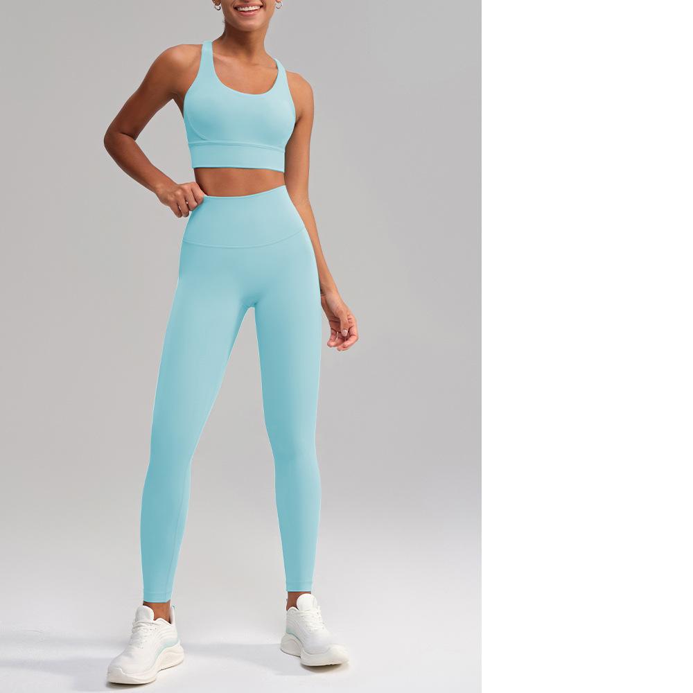 Yoga Clothes Pants No Embarrassment Line Sports Workout Clothes Skinny Peach Hip Raise High Waist Nude Feel Yoga Set Women Blue2