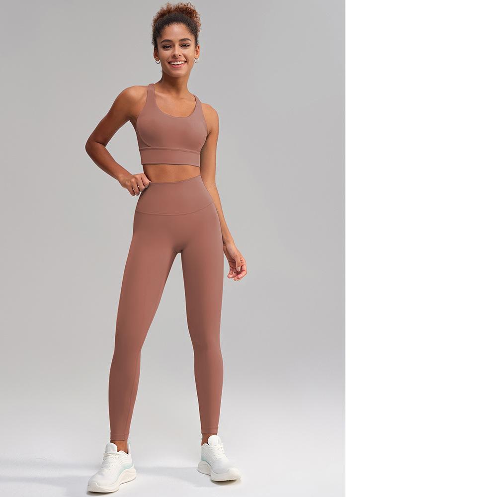 Yoga Clothes Pants No Embarrassment Line Sports Workout Clothes Skinny Peach Hip Raise High Waist Nude Feel Yoga Set Women Brown