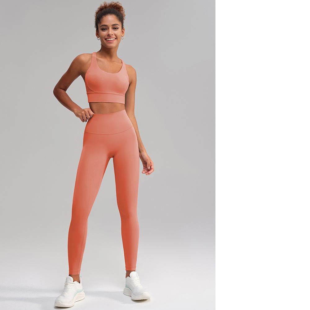 Yoga Clothes Pants No Embarrassment Line Sports Workout Clothes Skinny Peach Hip Raise High Waist Nude Feel Yoga Set Women Coral Red