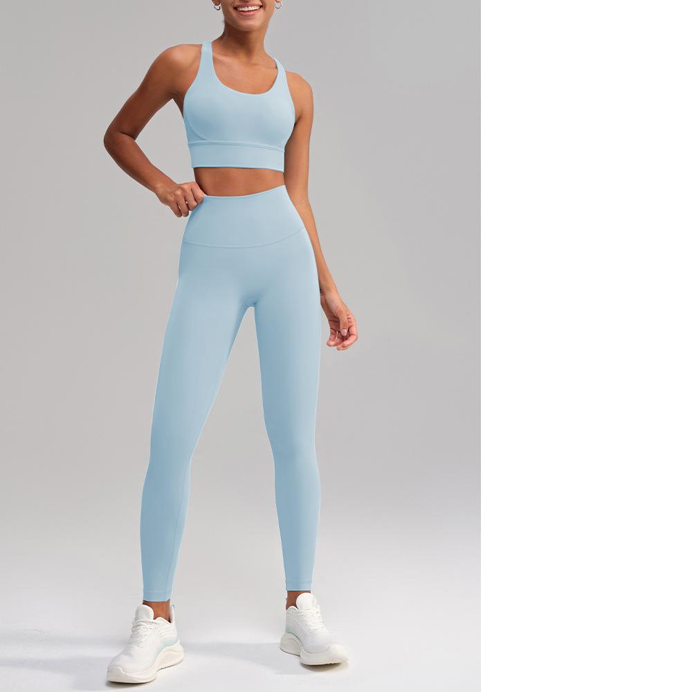 Yoga Clothes Pants No Embarrassment Line Sports Workout Clothes Skinny Peach Hip Raise High Waist Nude Feel Yoga Set Women Cirrus Blue