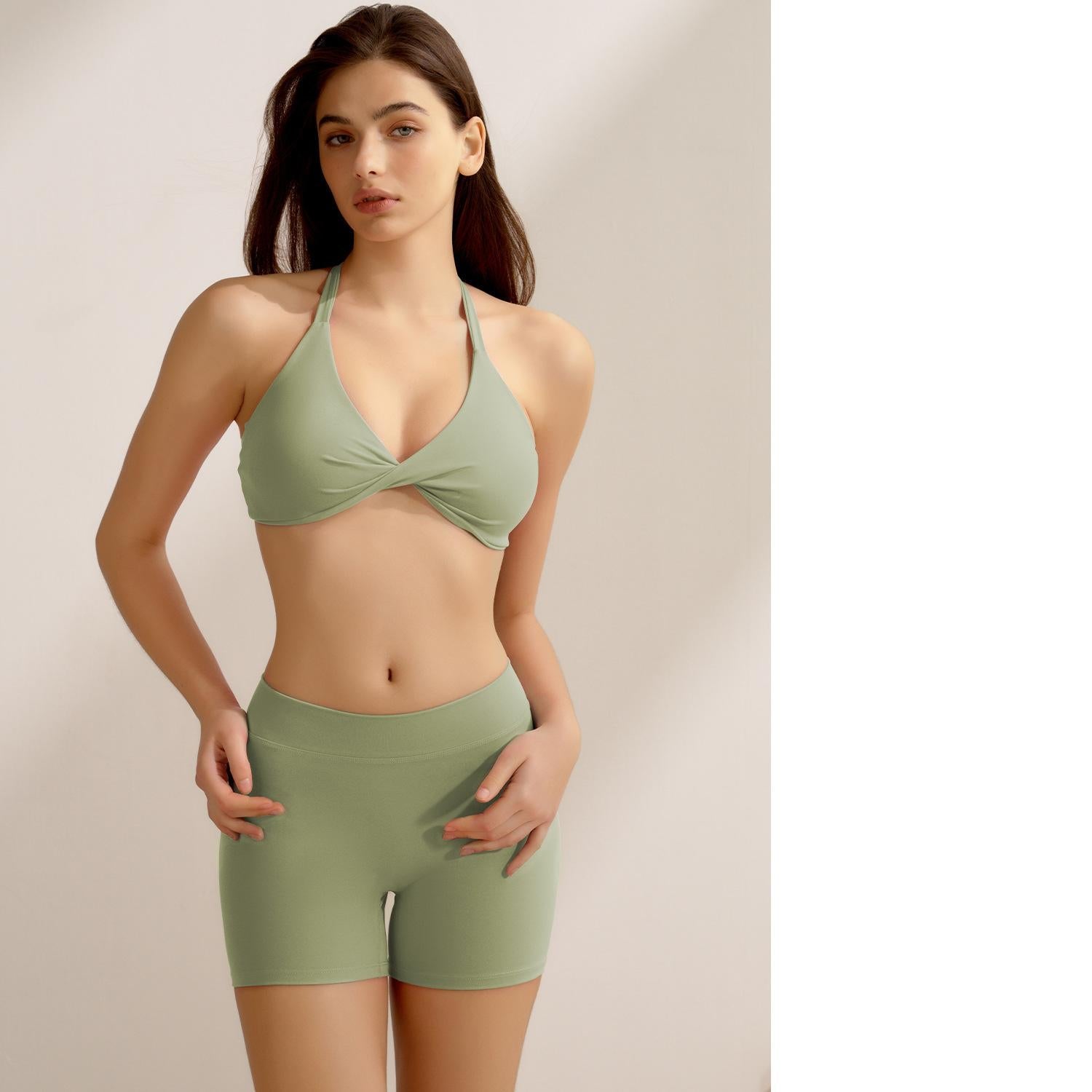 Yoga Women Shorts Two Piece Cross Bra Straps Peach Hip Raise Workout Set Matcha Green