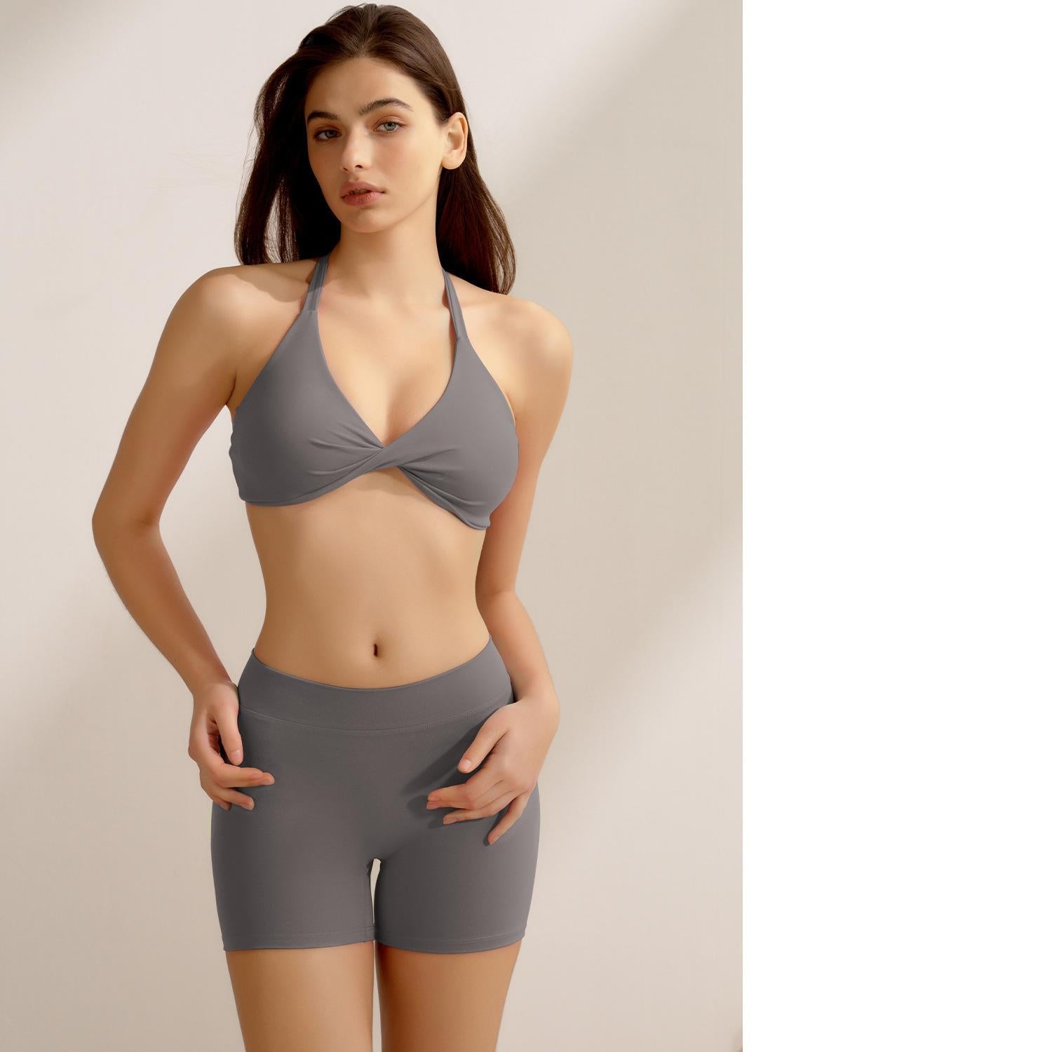 Yoga Women Shorts Two Piece Cross Bra Straps Peach Hip Raise Workout Set Gray