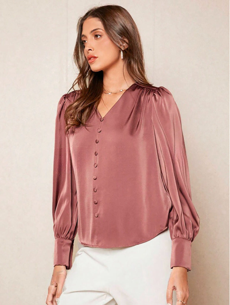 V neck Pullover Top Shirt Women Satin Office Top Women Clothing Direct