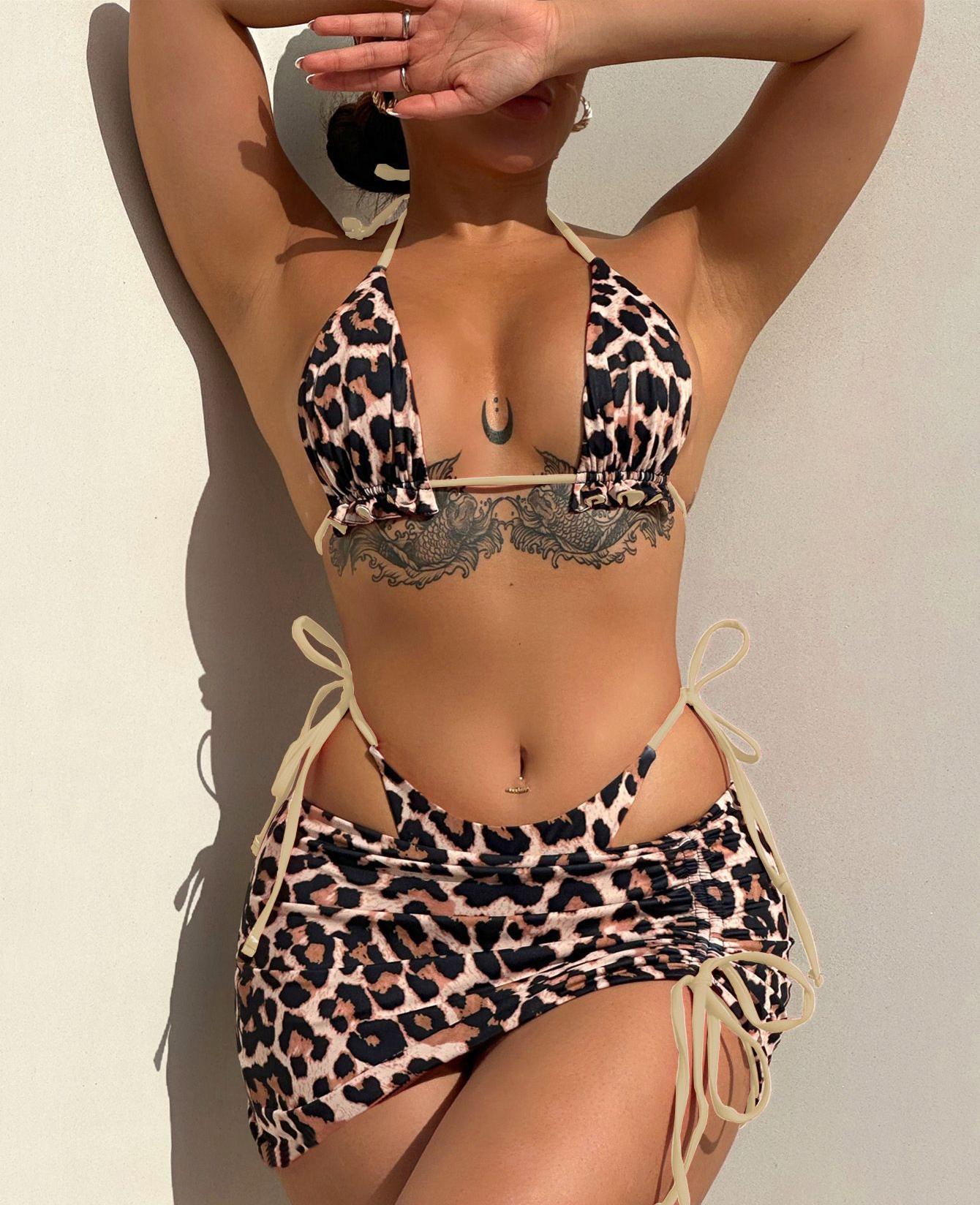 Arrival Three Piece Swimsuit Women Double Sided Leopard Print Halter Bikini Swimsuit Summer Beach