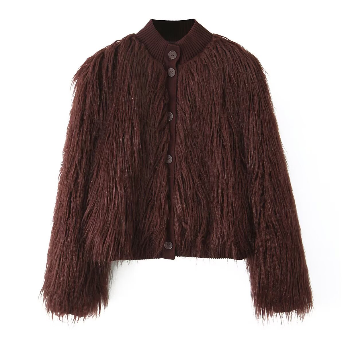 Women Stand Collar Cardigan Artificial Fur Effect Knitted Coat Dark Brown