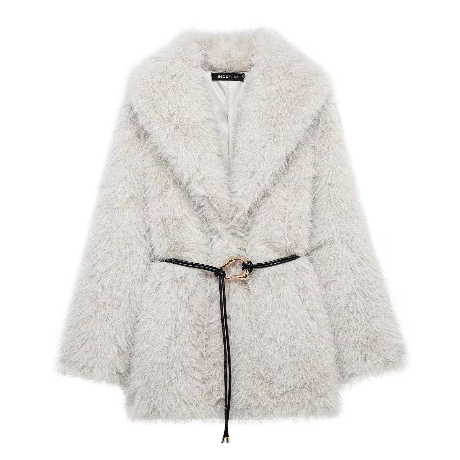 Women Clothing Winter Artificial Fur Effect with Belt Mid Length Fur Coat