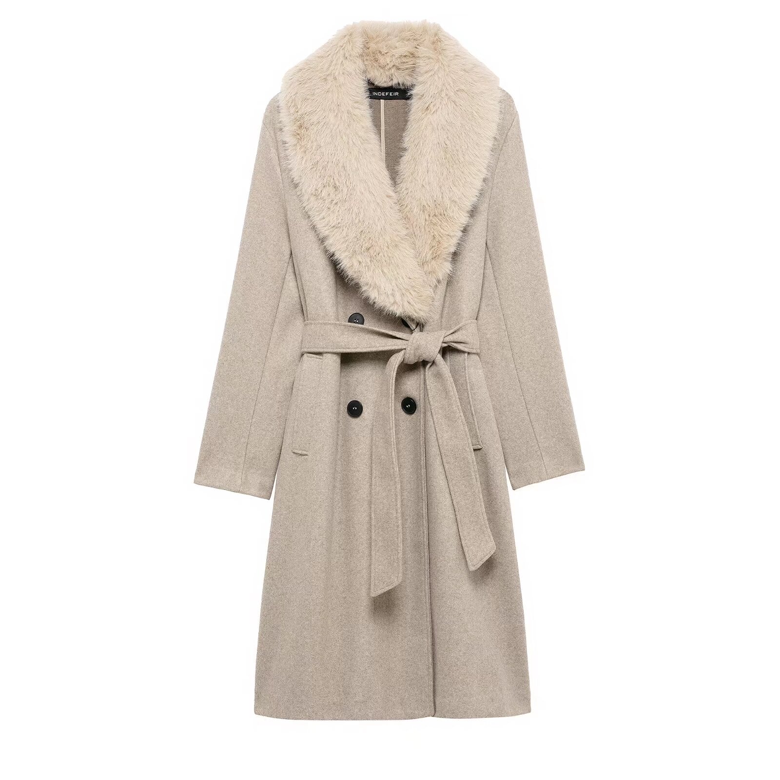 Women Clothing Artificial Fur with Belt Collared Coat Jacket Coffee