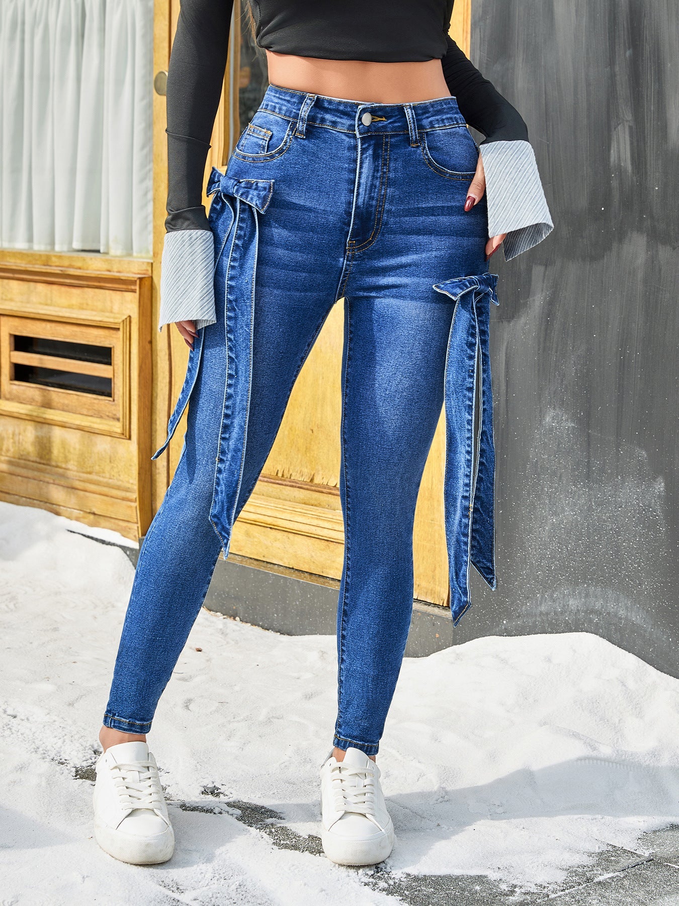 Women Denim Trousers Asymmetric DIY Bow Decorative Stretch Trousers Blue