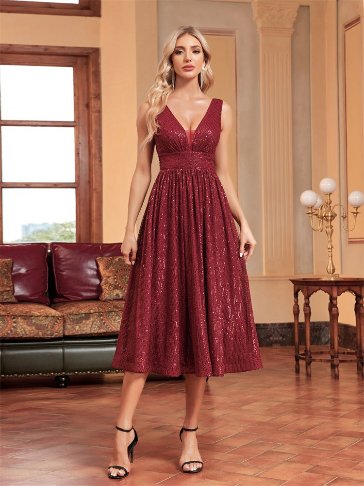 Summer Women Clothing Sexy Socialite Sequ Backless Dress Slimming Cocktail Formal Dress Women Burgundy