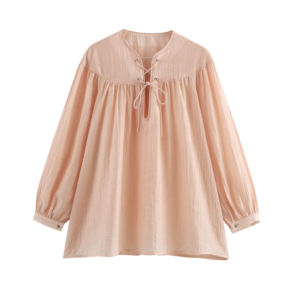 Women Clothing round Neck Rope Long Sleeve Shirt Top Spring Autumn Peach