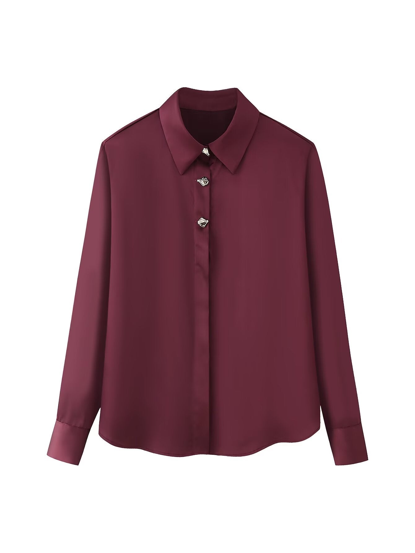 Women Gold Decorated Row Button Silk Satin Texture Long Sleeve Shirt Burgundy