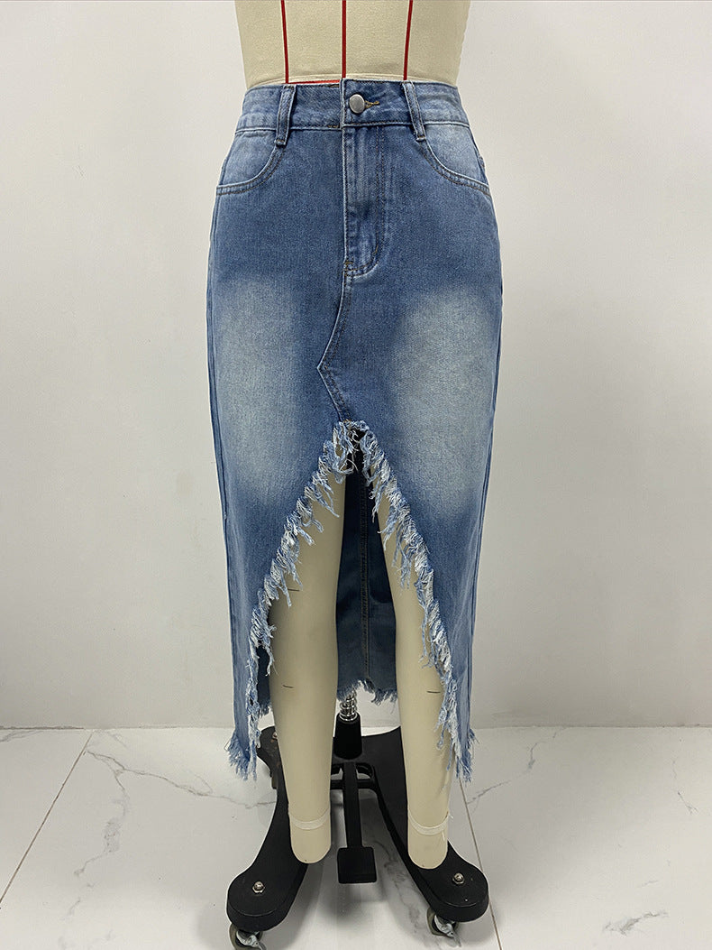 Spring High Waist Irregular Asymmetric Raw Hem Denim Skirt Women Worn Looking Washed out Skirt