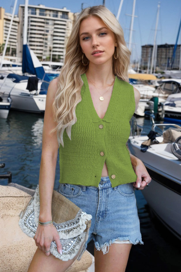 Summer Women Clothing Solid Color V neck Spaghetti Straps Knitted Button Vest