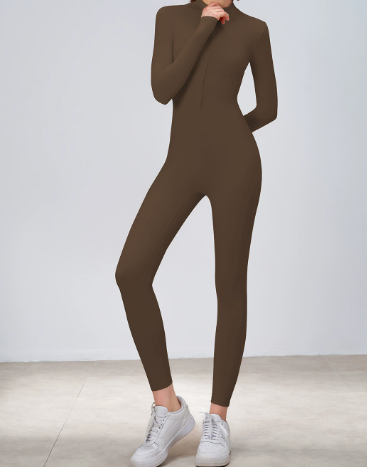 Zipper Nude Feel Long Sleeve Yoga Jumpsuit Strength Fitness Exercise One Piece Bodysuit Jumpsuit Jiao Tea Coffee Color Coffee