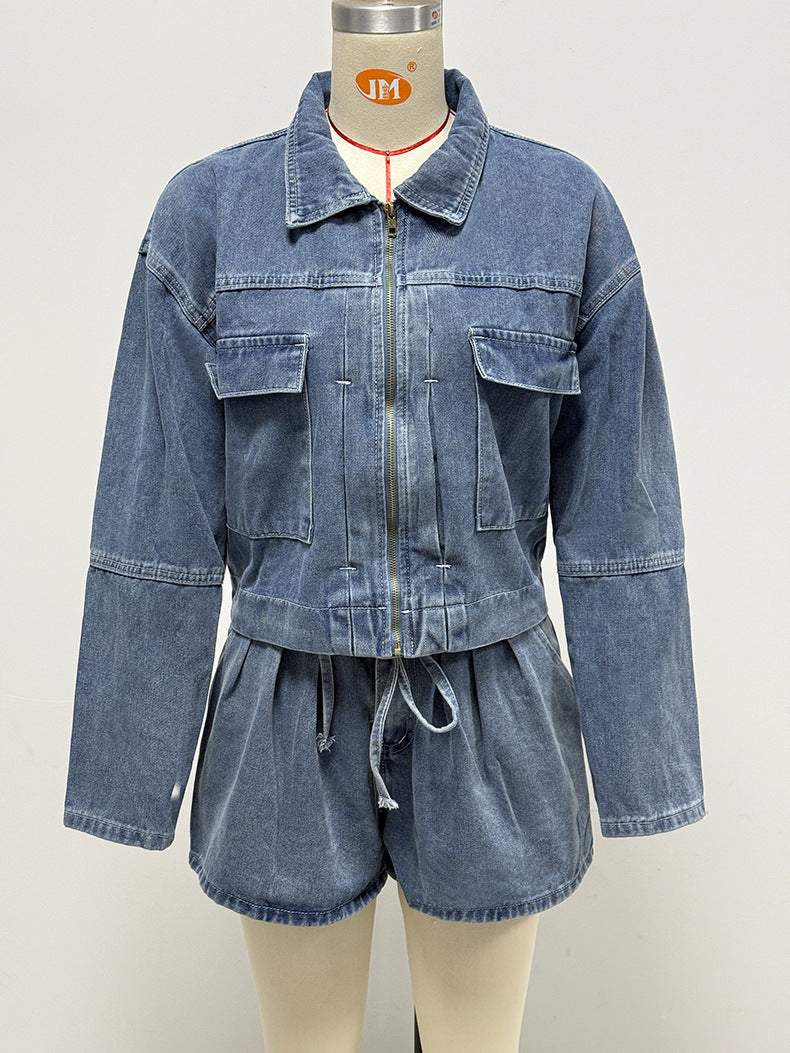 Spring Long Sleeve Denim Coat Women Loose Casual Multi Pocket Workwear Shorts Two Piece Sets