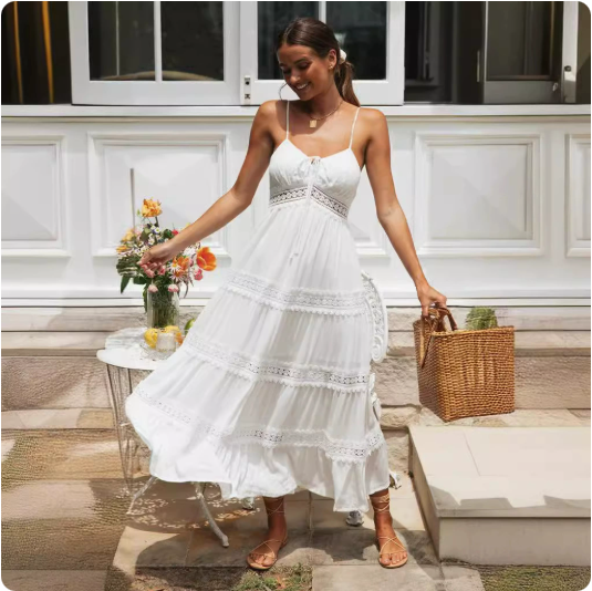 Women Clothes Bohemian Sling Dress Lace Stitching Large Swing Dress White