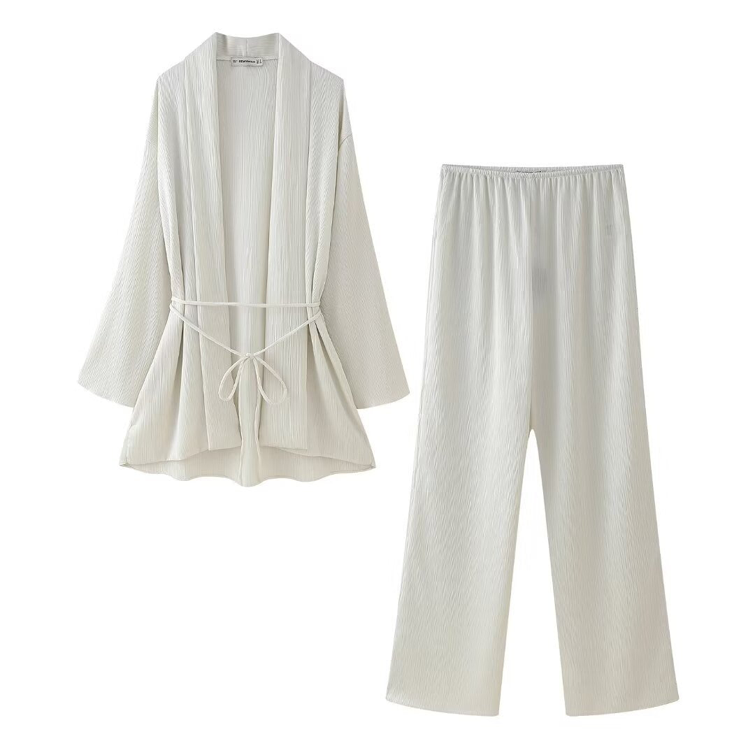 Women Clothing Two Piece Sets Collared Tied Tight Waist Pleated Coat Top Loose Trousers White Coat