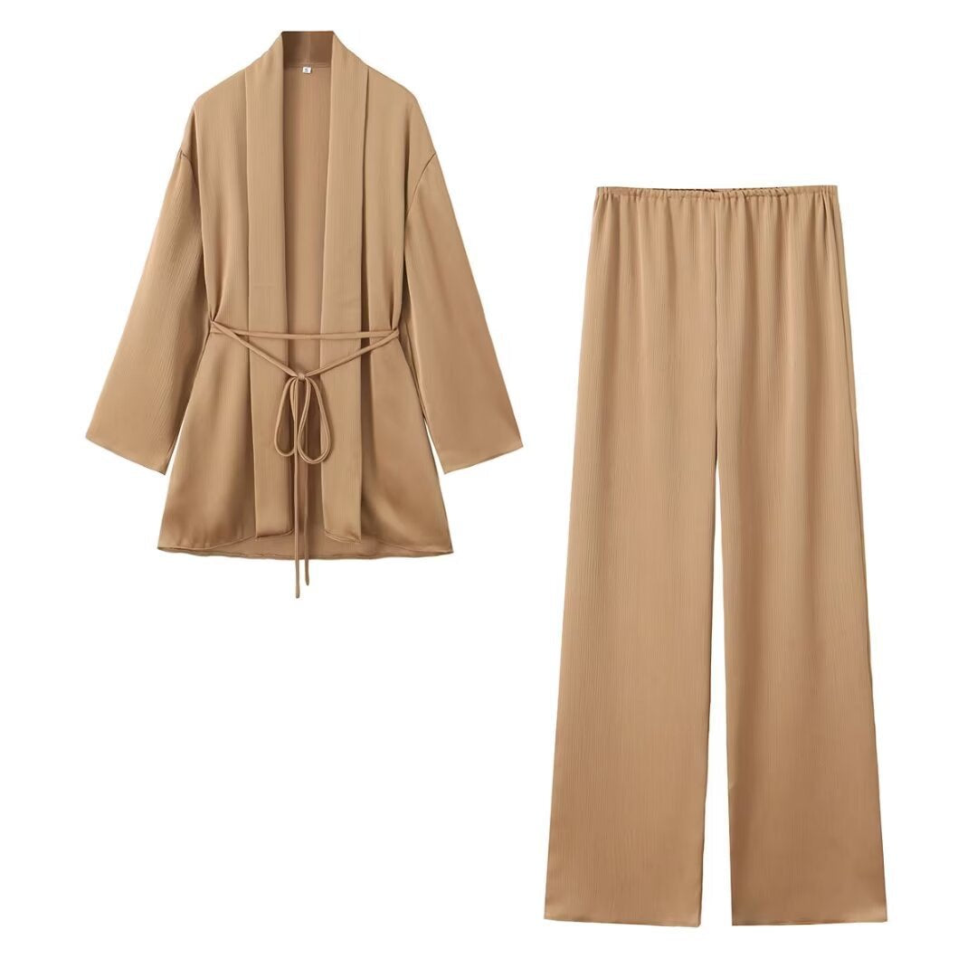 Women Clothing Two Piece Sets Collared Tied Tight Waist Pleated Coat Top Loose Trousers Caramel Top