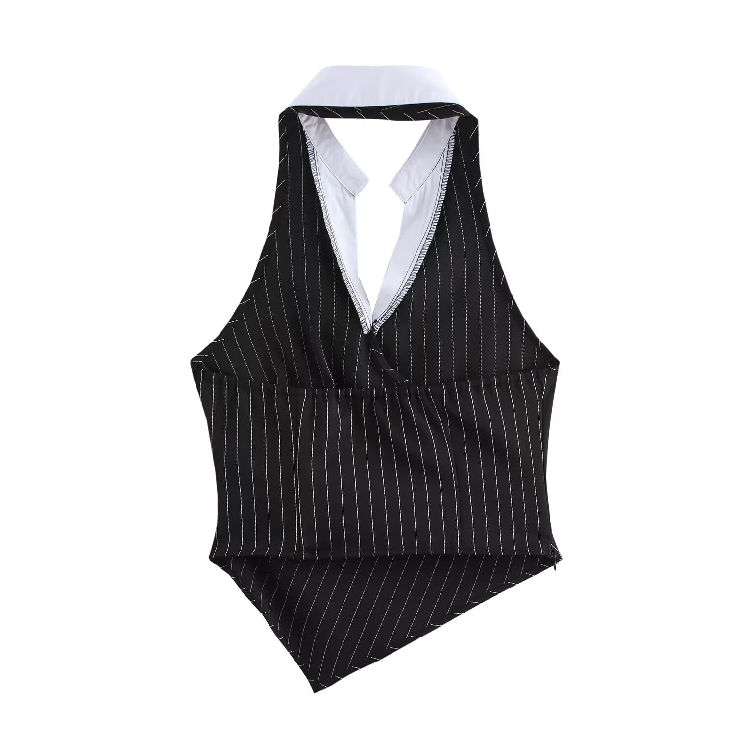 Women Spring Striped Stitching Hanging Collar Slim Vest Top