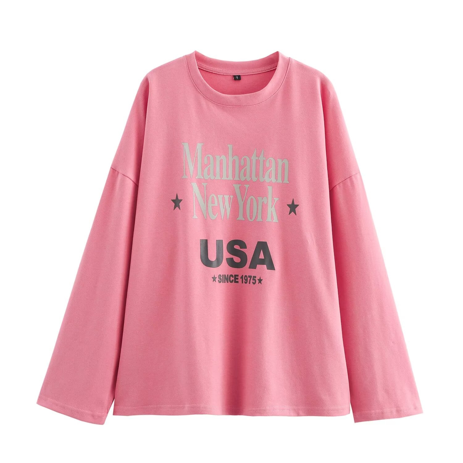 Women Spring And Autumn Pink Round Collar Printing Top Pink