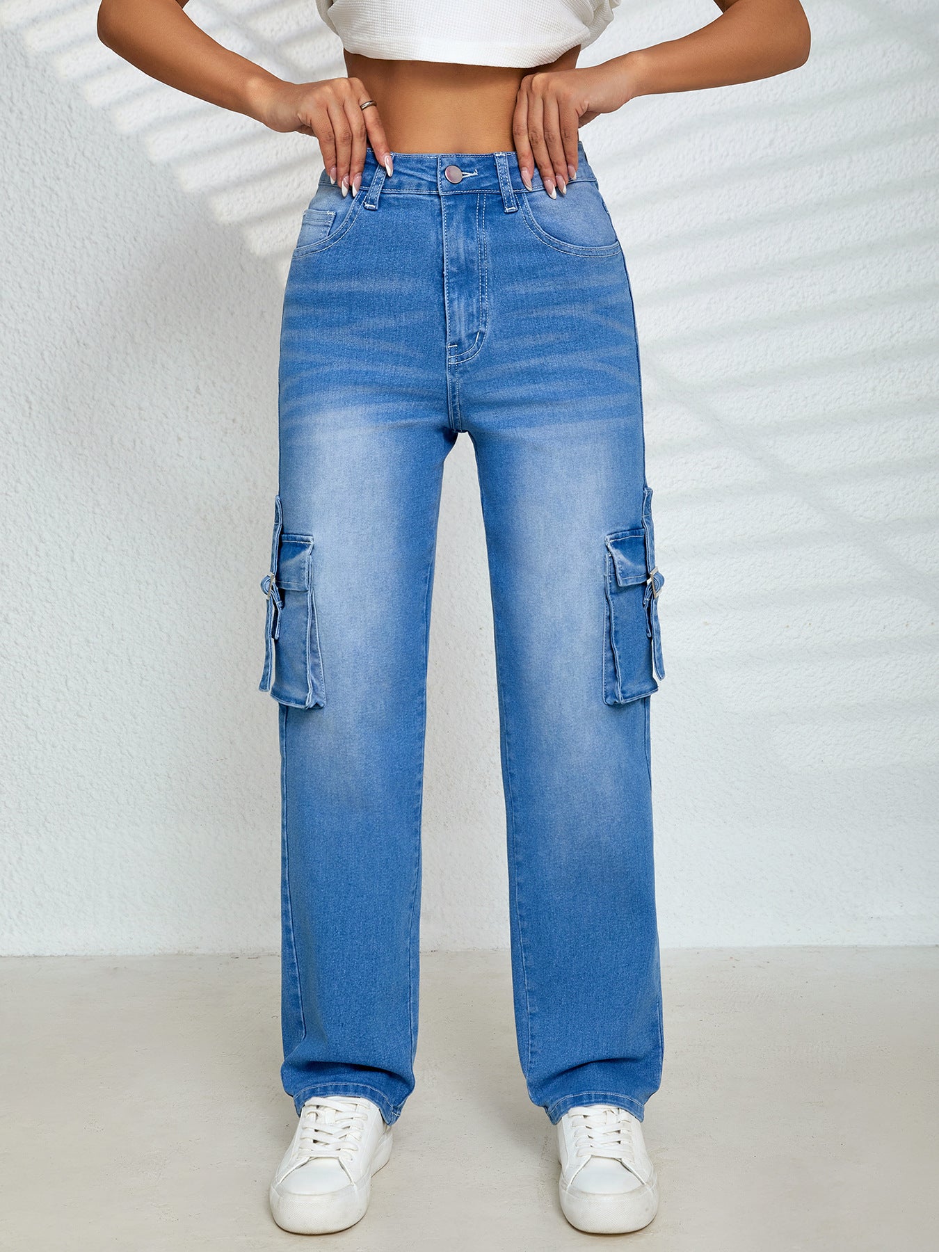 Women Multi Pocket Tooling Stretch Straight Denim Trousers Blue