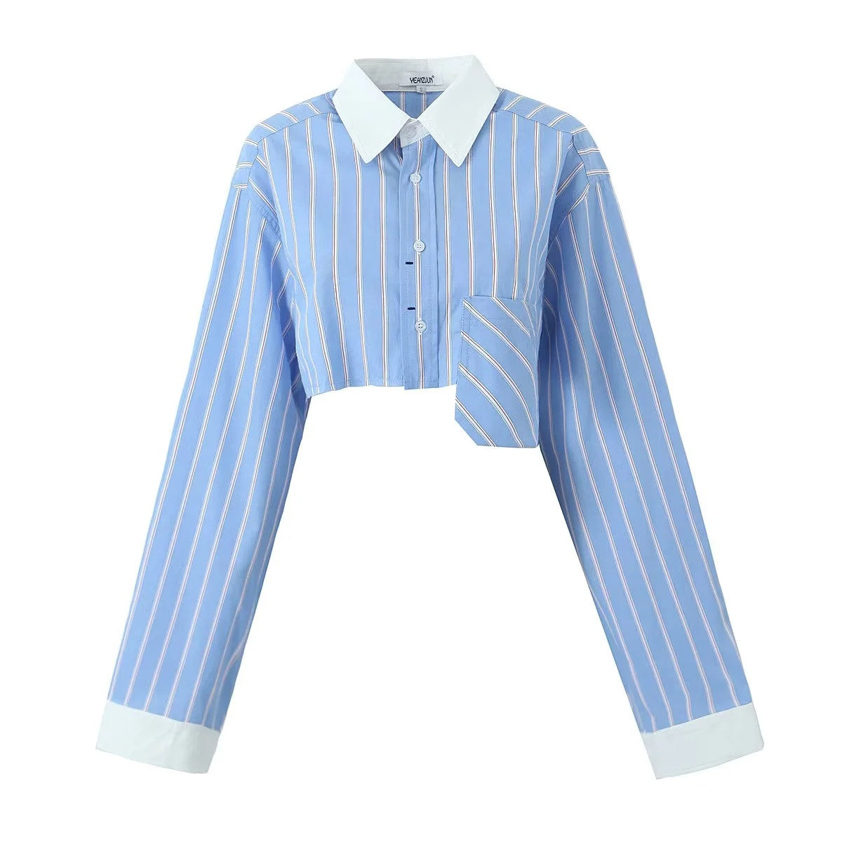 Spring High Waist Cropped Pocket Short Long Sleeve Striped Shirt Single Breasted Polo Collared Shirt