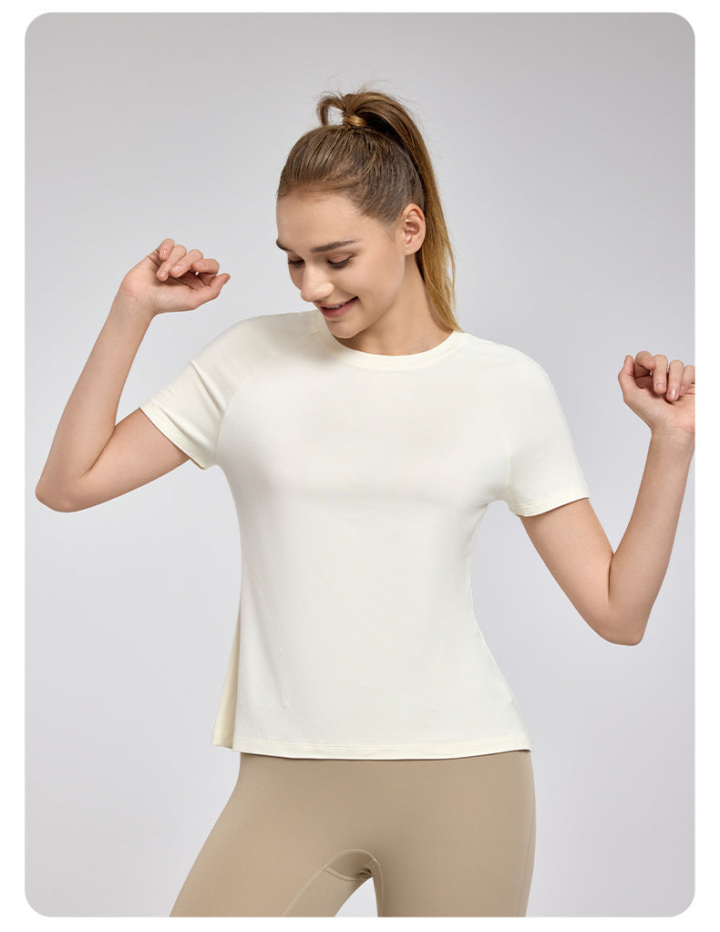 Yoga Jacket T shirt Women Two Side Arc Slim Fit Slimming Sports Short Sleeve Crew Neck Breathable Workout Clothes Coconut Milk White