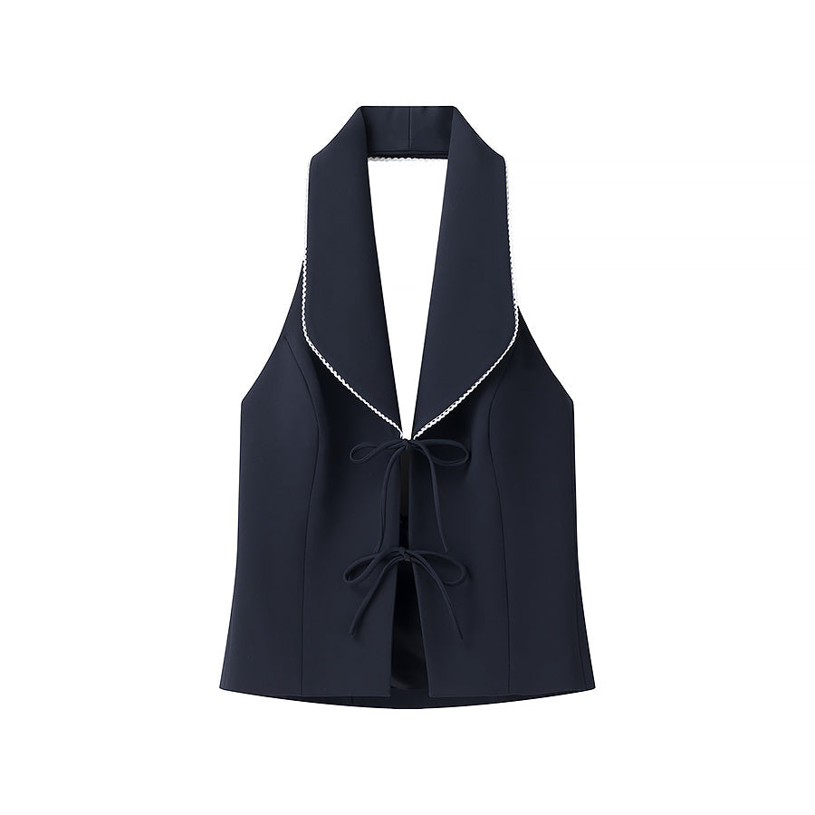 Women Clothing Bowknot Lace up Contrast Color Collared Halter Slim Fit Vest Top Navy Blue