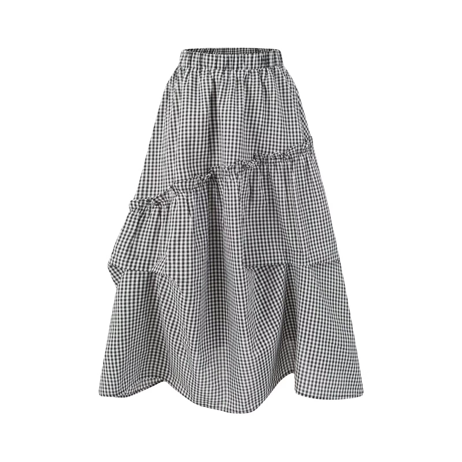 Winter Summer Vacation Casual Elastic Waist Stitching Plaid Big Hem Skirt