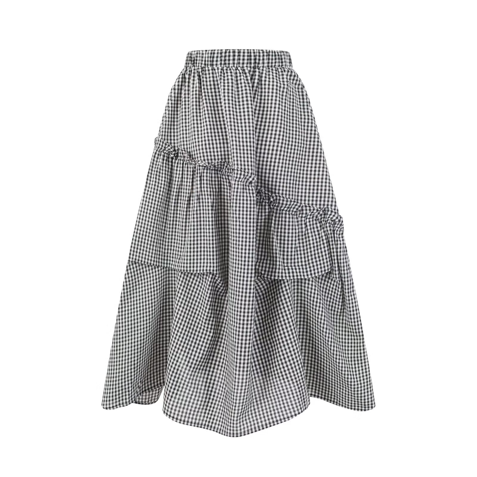 Winter Summer Vacation Casual Elastic Waist Stitching Plaid Big Hem Skirt