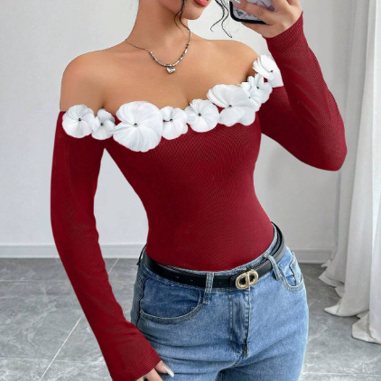 T shirt Popular Three Dimensional Floral Slim Fit off Shoulder Top