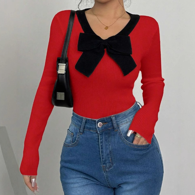 T shirt Popular Knitwear Bow V neck Slim Top