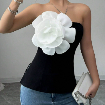 T shirt Popular Knitted Sleeveless Three Dimensional Large Floral Slim Top