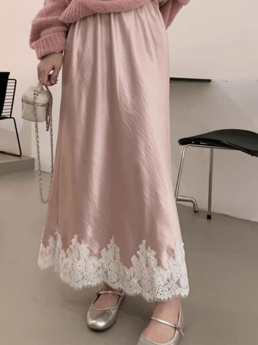 Women Clothing Manufacturers 5 Color Lace Stitching Satin Fabric Midi Skirt