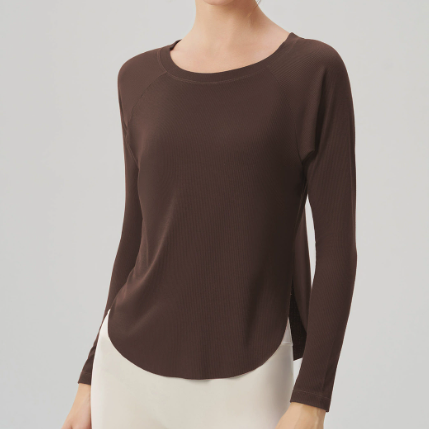 Autumn Nude Feel Yoga Clothes Women Loose Sexy Top Casual Drape Sports Long Sleeved Top Chestnut Brown Chestnut Brown