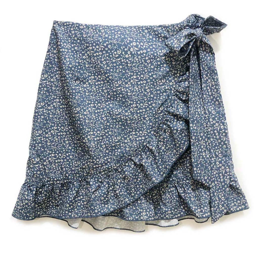 Women Clothing High Waist Lace-up Skirt Ruffled Irregular Asymmetric Pattern Print Zip Skirt Blue