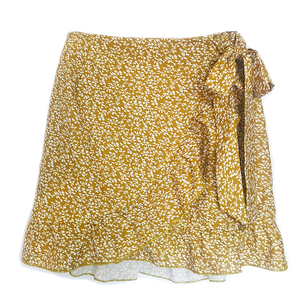 Women Clothing High Waist Lace-up Skirt Ruffled Irregular Asymmetric Pattern Print Zip Skirt Yellow