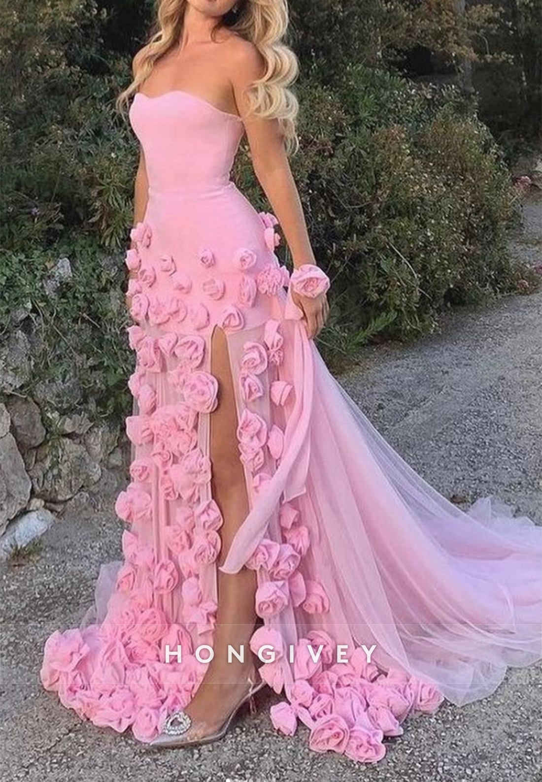 L Chic Aline Sweetheart Strapless Floral Embossed Long Prom Dress