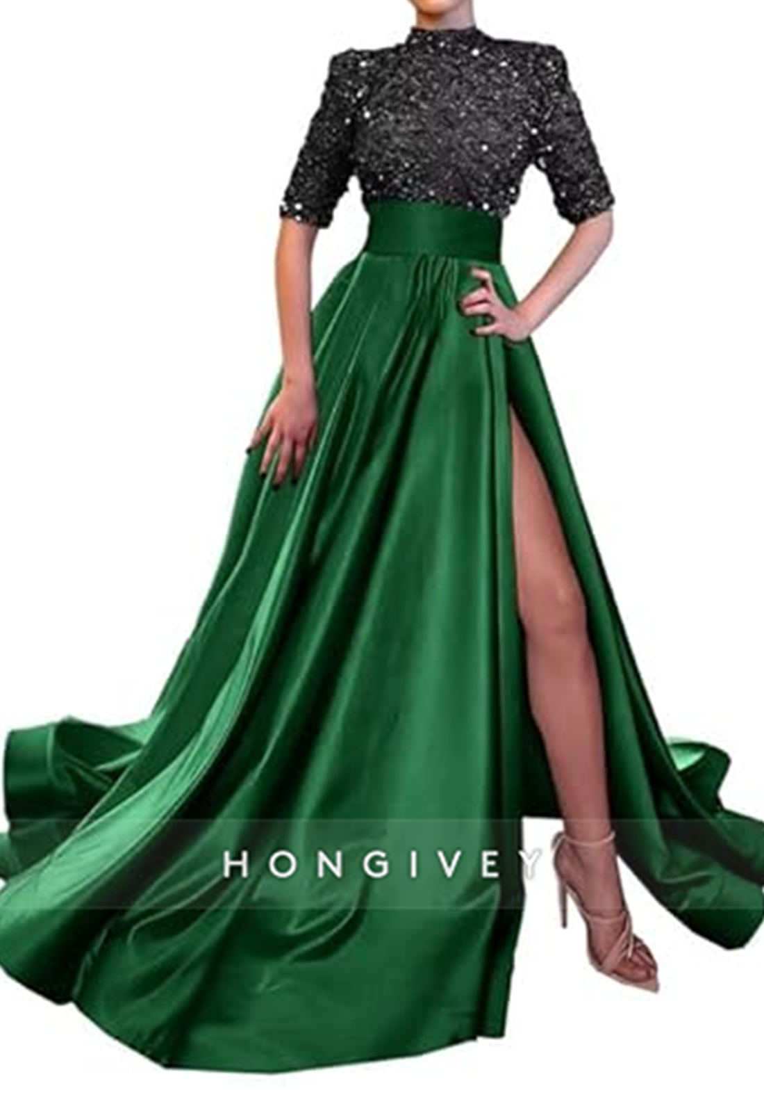 Aline High Neck Half Sleeves Sequined With Side Slit Long Prom Dress