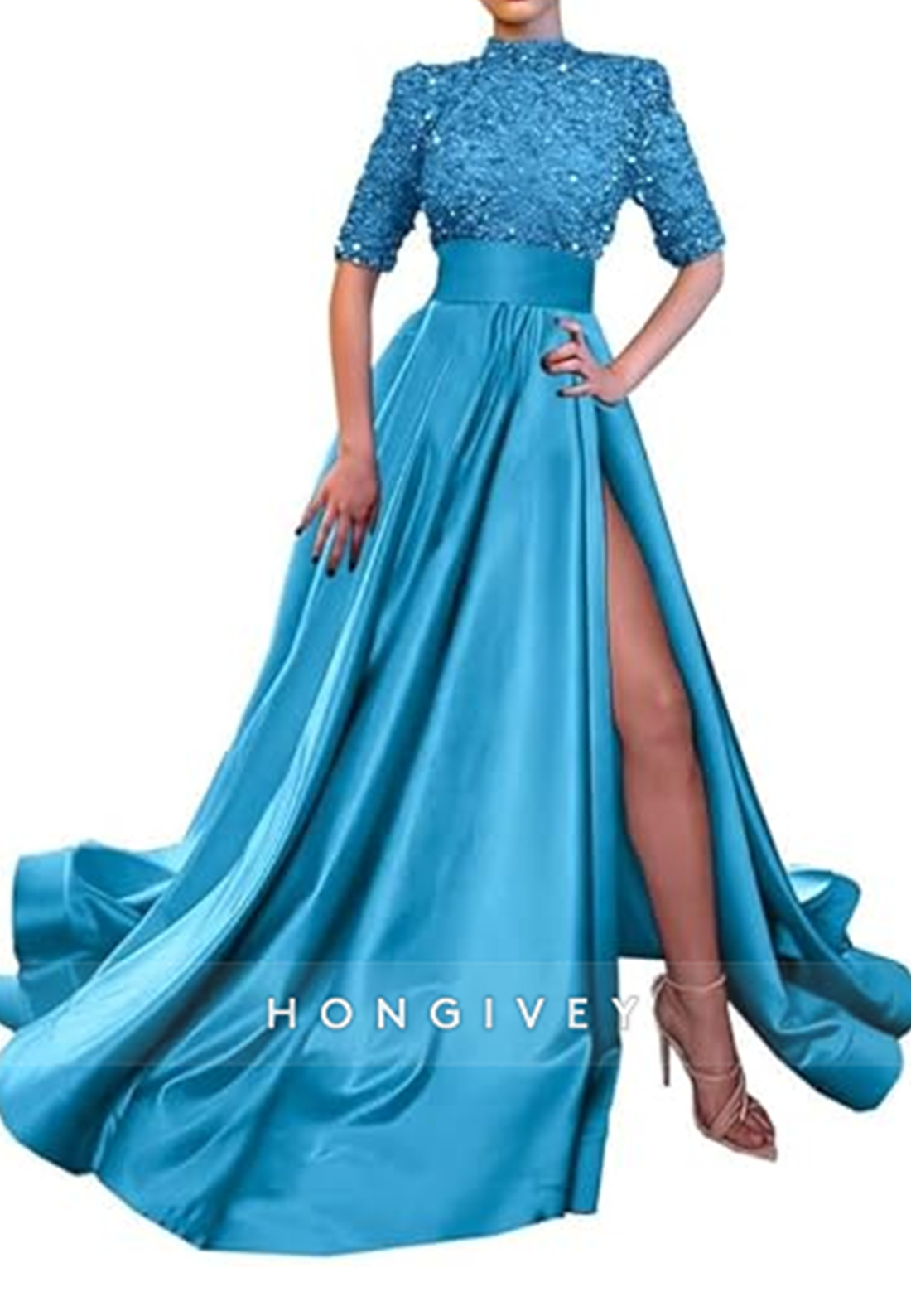 Aline High Neck Half Sleeves Sequined With Side Slit Long Prom Dress